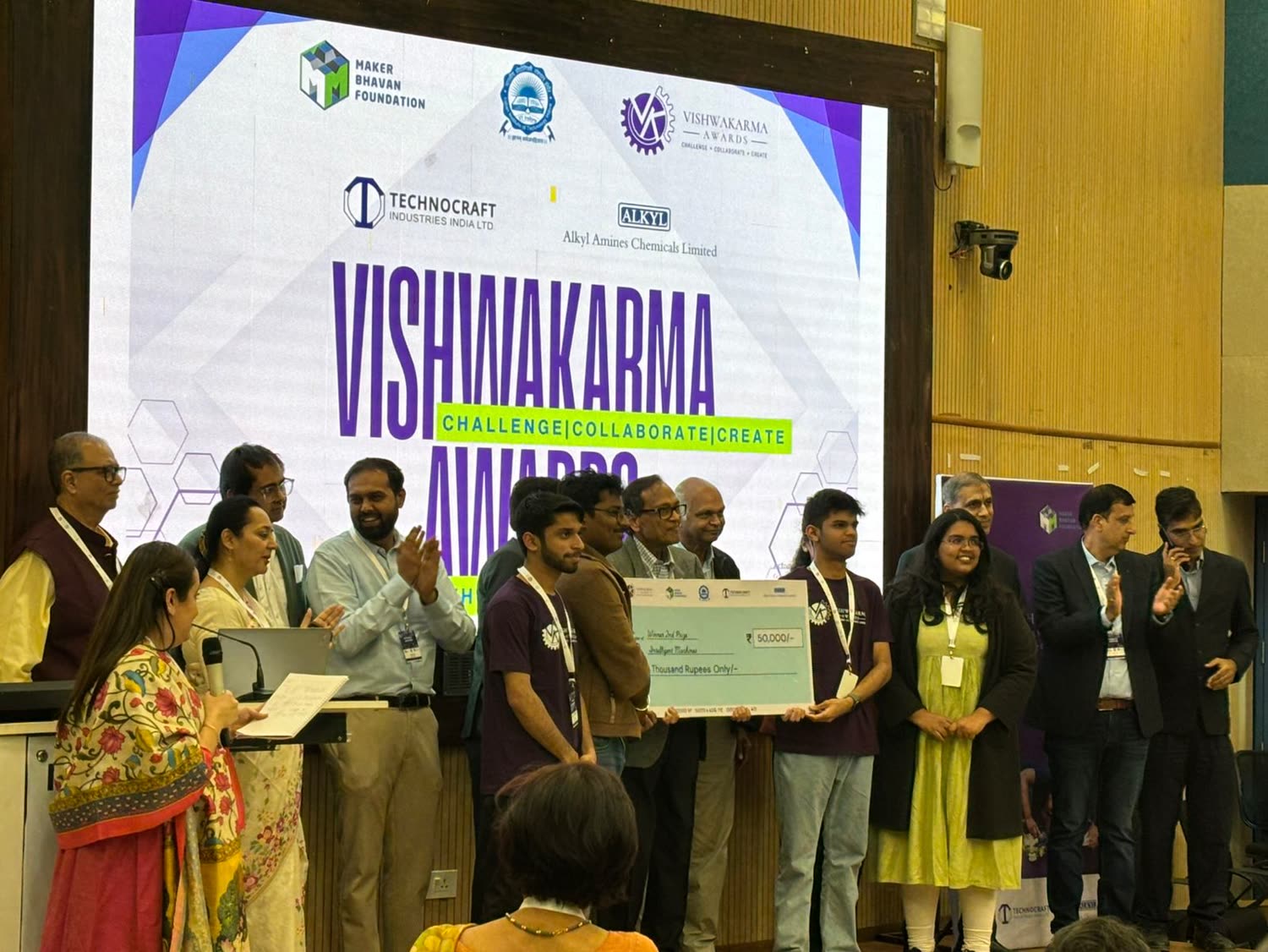 2nd Prize — Vishwakarma Awards, Intelligent Machines — Second place among 1,054 teams, with a cash prize of ₹80,000, for Aqualoop — the in-pipe water quality monitoring and selective recycling system.